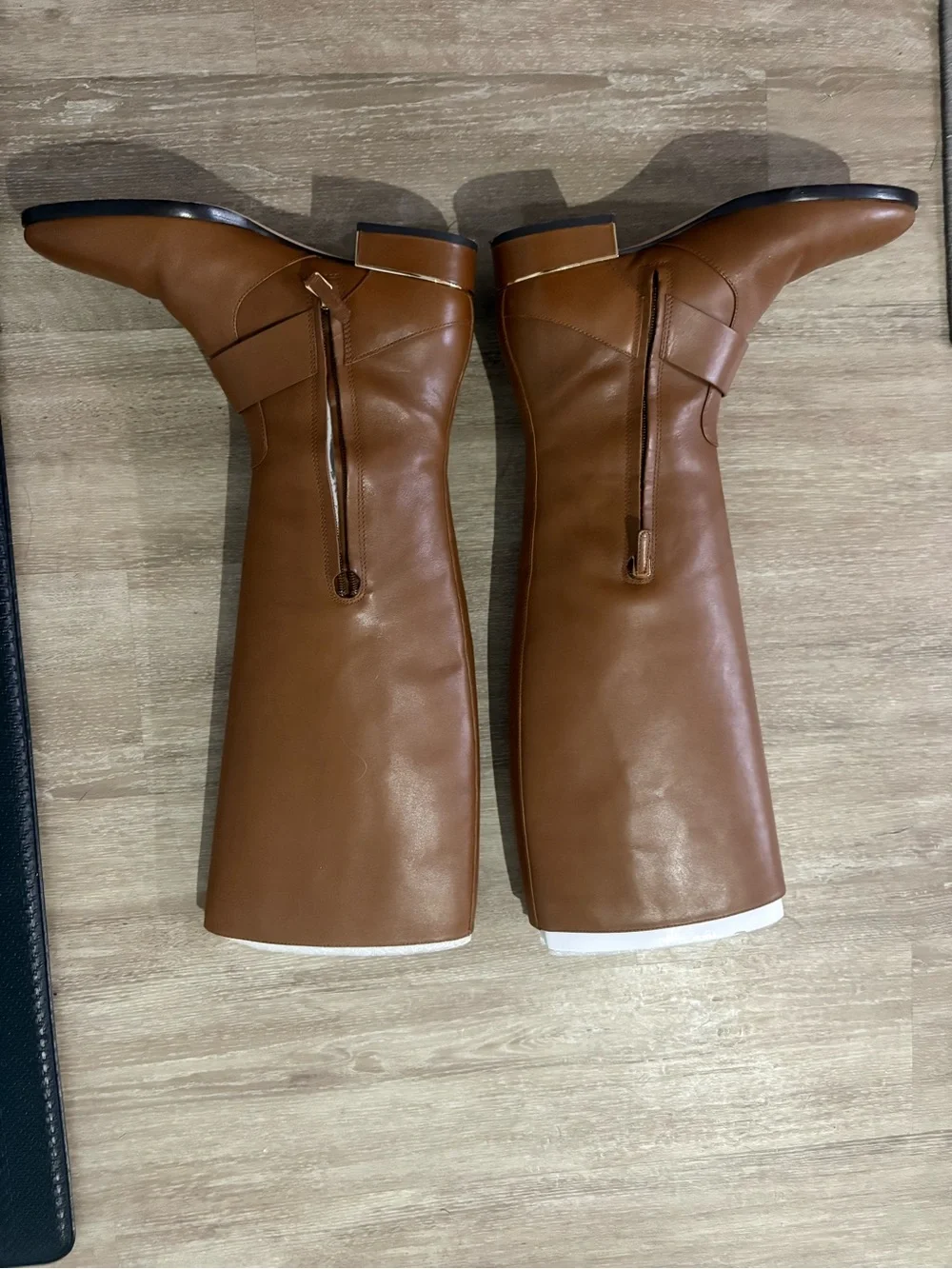 Tory Burch Brown Tall Leather Riding Boots with Gold Buckle